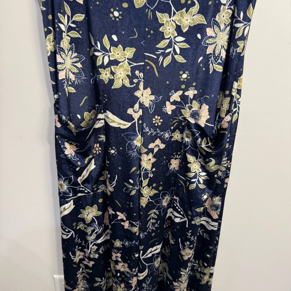Earthbound Blue‎ Floral Sleeveless Velvet Wide Leg Stretch Jumpsuit Pockets